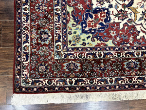 Wonderful Persian Isfahan Rug 7x9, Ivory Navy Blue Red, Floral Medallion, Very Finely Hand Knotted 260 KPSI, Handmade Wool Vintage Rug