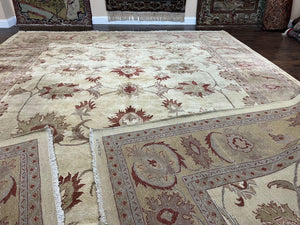 Large Peshawar Rug 11x14, Vintage Beige Chobi Carpet, Allover Floral Design, Hand Knotted, Wool, Room Sized Rug for Living Room Dining Room