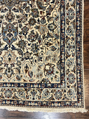 Persian Nain Rug 4x7, Floral Medallion Oriental Carpet 4 x 7 ft, Ivory Persian Rug, Handmade Hand Knotted Vintage, Wool & Silk Highlights, Birds