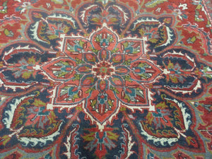 Persian Heriz Rug 7.5 x 10, Room Sized Heriz Ahar Carpet, Semi Antique Vintage Floral Large Medallion Rug, Red and Navy Blue, Hand Knotted Wool Rug