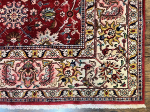 Persian Tabriz Rug 10x12, Floral Allover, Handmade Vintage Wool Carpet, Red and Cream