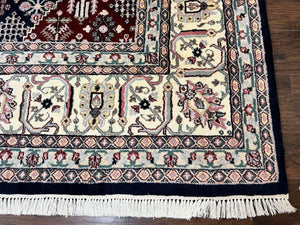 Indo Persian Rug 10x14, Large Wool Hand Knotted Vintage Carpet, Navy Blue & Ivory, 10 x 14 Room Sized Traditional Oriental Rug
