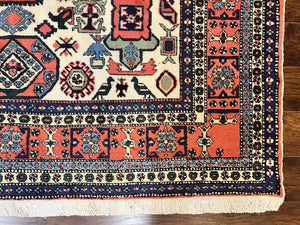 Persian Tribal Rug 8x11, Persian Ardabil Rug, Geometric Medallion Animal Pictorial Rug, Ivory Red Blue, Hand Knotted Vintage Wool Carpet