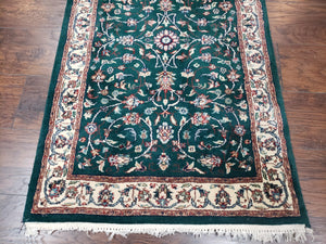 Extra Long Runner Rug 24 ft, Skinny & Long Rug for Hallway Corridor 2.6 x 24 Indo Persian Vintage Wool Rug Green and Cream Handmade Oriental