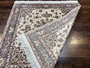 Sino Persian Square Rug 5x5, Very Fine Oriental Carpet, Wool & Silk Highlights, Ivory, Hand Knotted Handmade Vintage Traditional Rug