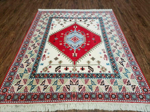 Vintage Moroccan Carpet 5x7 Area Rug, Berber Rug, Handmade Soft Wool Rug, Red Ivory and Blue, Geometric Medallion Rug, Bohemian Rug, Nice