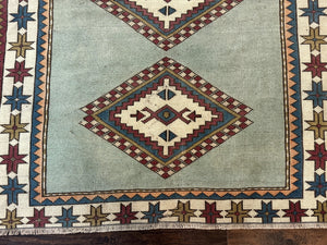 Turkish Kazak Rug 4x6, Geometric Medallion, Caucasian Design Rug, Semi Antique Vintage, Mint Green Maroon Ivory
