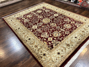 Vintage Indo Mahal Rug 8x10, Hand Knotted Wool Maroon & Beige Indian Agra Oriental Carpet, 8x10 ft Traditional Handmade Area Rug, Room Sized