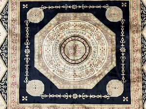 Tibetan Rug 8x10, Nepali Area Rug, Soft New Zealand Wool Carpet 8 x 10 ft, Black Tan Beige, Vintage Handmade Rug, French Aubusson Pattern