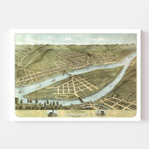 Vintage Map of Wheeling, West Virginia 1870