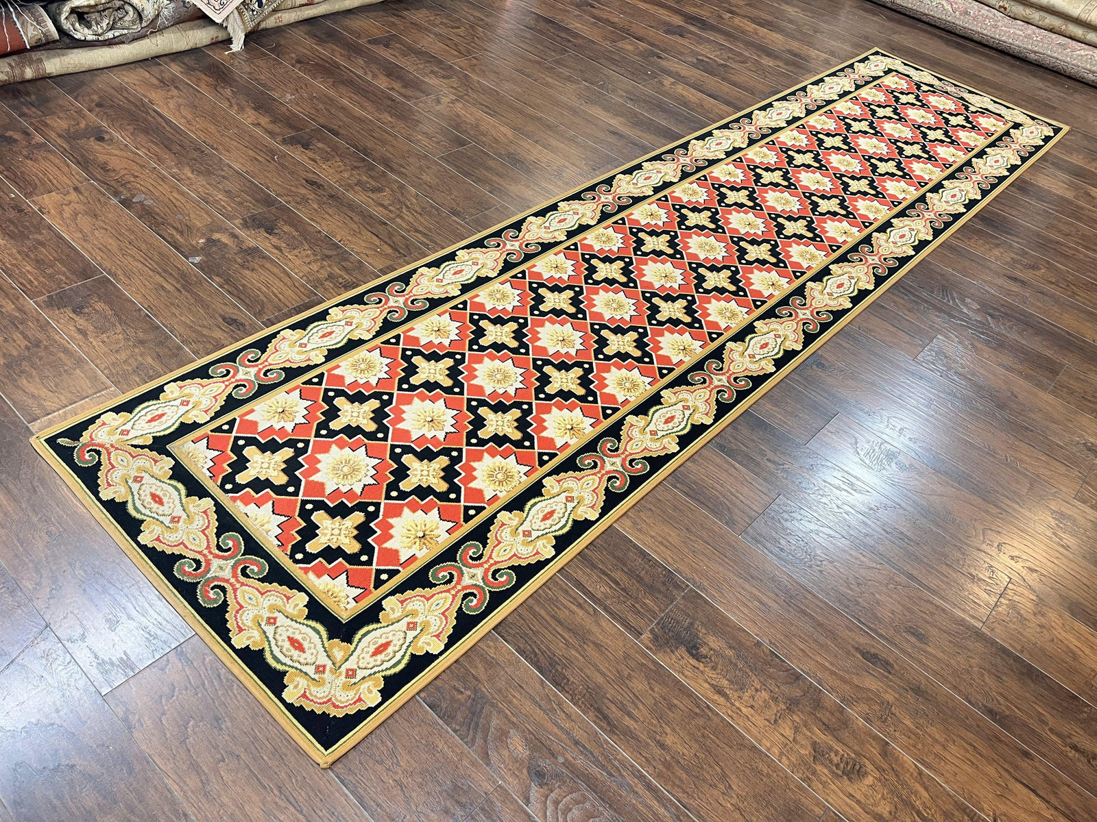 Vintage Runner Rug 3.5 x 14, Long Runner Rug, Stark Custom Made Carpet, European Design, Red Black Ivory Tan, Long Rug for Hallway