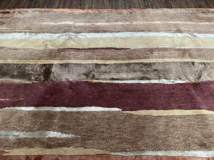 Modern Tibetan Rug 8x11 Nepali Carpet, Shiny Velvely Soft Wool and Silk, Contemporary Hand Knotted Rug, Striped Design, Wool Area Rug 8 x 11