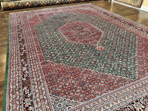 Indo Persian Rug 10x14, Bidjar Rug 10 x 14, Wool Hand Knotted Vintage Carpet, Red & Green Herati Pattern, Large Room Sized Oriental Rug