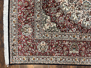 Silk Indian Kashmiri Rug 9 x 11 ft, Room Sized Silk Vintage Indo Persian Handmade Hand Knotted Fine Oriental Carpet, Ivory and Maroon