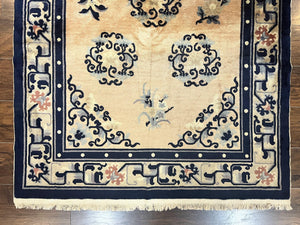 Chinese Peking Rug 4x6, Wool Hand Knotted Handmade Vintage Semi Antique Carpet, Semi Open Field, Light Peach & Navy Blue, Art Deco Rug