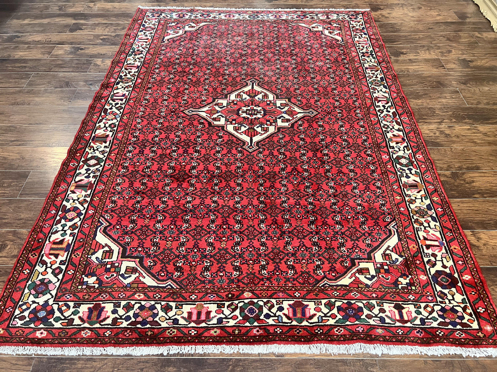 Persian Tribal Rug 7x10, Wool Handmade Semi Antique Vintage Hamadan Dargazine Carpet, Red & Ivory Allover Floral Medallion Rug, 7 x 10 Room Sized Oriental Rug