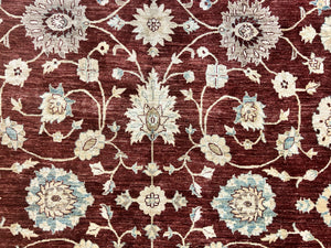Peshawar Rug 9x11, Pakistani Oriental Carpet, Maroon and Beige, Floral Allover, Wool Hand Knotted Handmade Vintage Rug