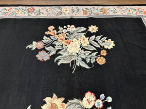 Black Needlepoint Rug 8x11 with Multicolor Flowers, Vintage Carpet