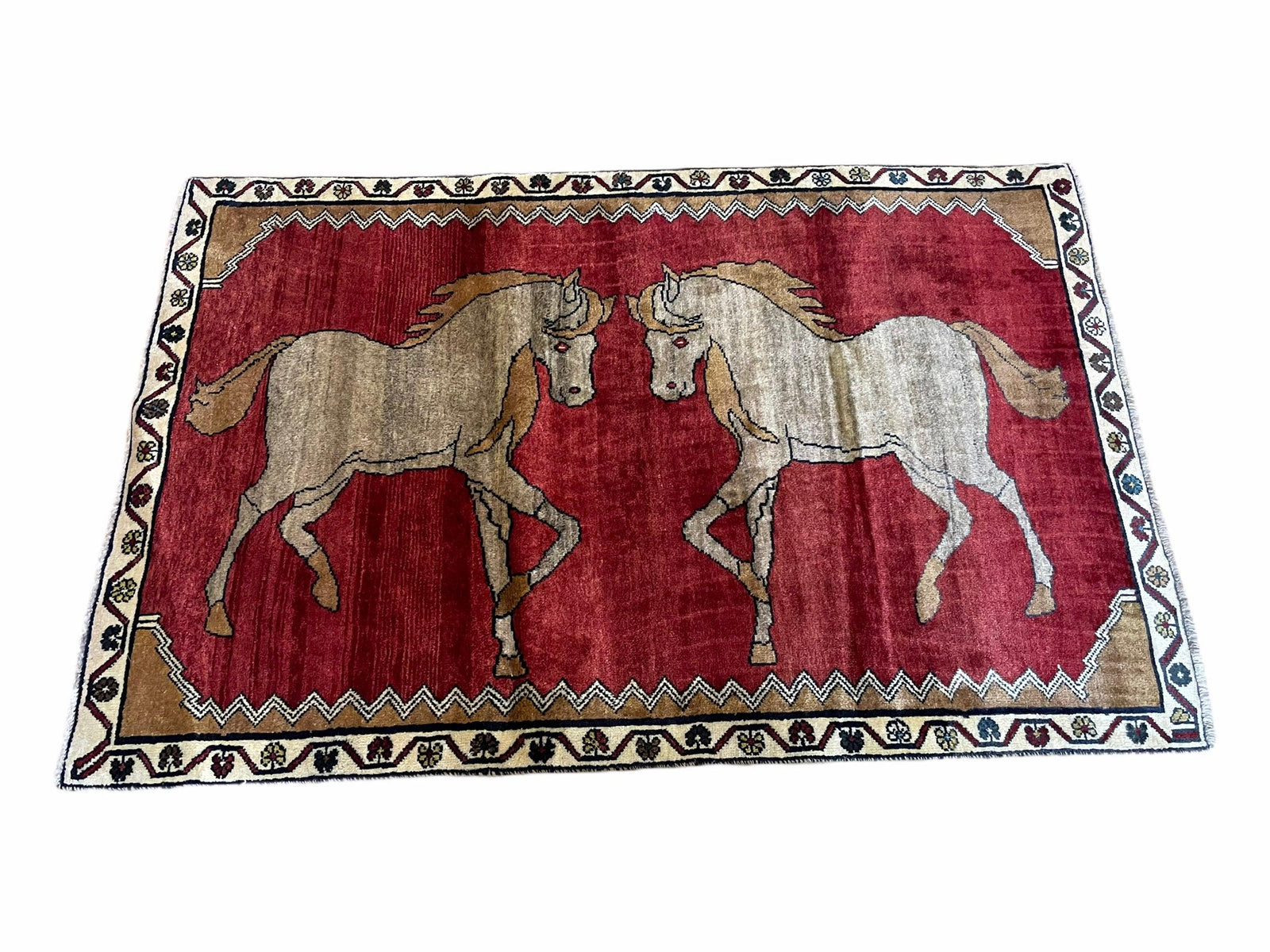 4 X 6 Handmade Hand-Knotted New Vintage Rug Wool Horses Red Organic Dyes Tribal