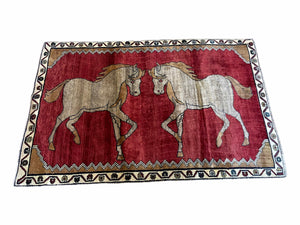 4 X 6 Handmade Hand-Knotted New Vintage Rug Wool Horses Red Organic Dyes Tribal