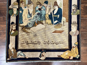 Persian Tabriz Pictorial Rug 3x5, Wall Hanging Carpet, Very Fine 60 Raj 475 KPSI, Hand Knotted Vintage Semi Antique, Wool, Persian Poetry