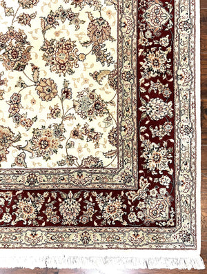 Pak Persian Rug 6x9, Floral Allover Carpet 6 x 9 ft, Cream and Maroon Hand Knotted Wool and Silk Fine Oriental Rug, Traditional Vintage Rug