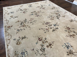 Chinese 120 Line Rug 8x10, Chinese Aubusson Wool & Silk Highlights Handmade Vintage Carpet, Beige Fine Weave Rug, Floral European Design