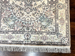 Silk Indian Kashmiri Rug 4x6, Handmade, Ivory, Fine 240 KPSI