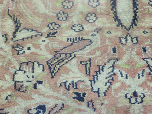 Indian Silk Rug 4x6, Indian Kashmiri Silk Carpet 4 x 6 ft, Vintage Hand Knotted Floral Bird Motifs, Light Pink and Navy Blue, Silk on Cotton