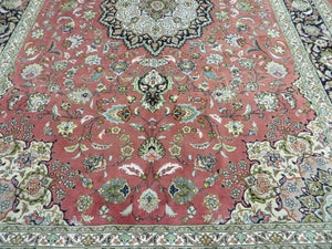 Persian Tabriz Rug 7x10, Floral Medallion Finely Hand Knotted Vintage Authentic Oriental Carpet 7 x 10, Salmon Color, 400 KPSI Elegant, Wool & Silk