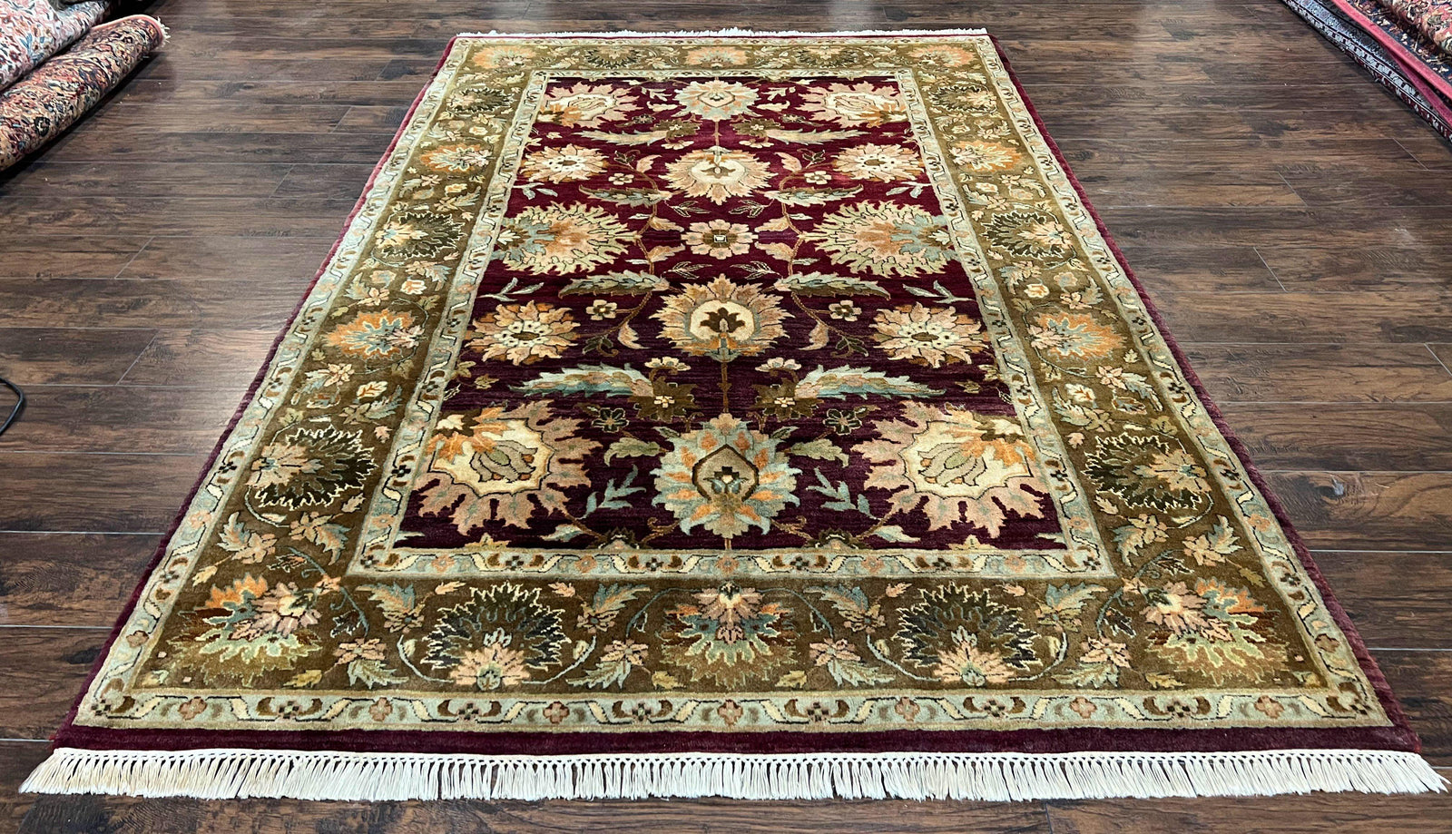 Indo Mahal Rug 6x9, Large Flowers Allover, Maroon and Green, Handmade Wool Area Rug, Vintage Rug, Indian Oriental Carpet, Hand Knotted Rug