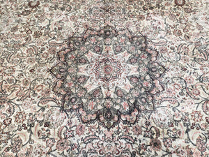 Vintage Indian Room Sized Silk Rug 8x10, Indo Kashmiri Carpet, Hand-Knotted Persian Oriental Carpet, Floral Medallion Allover Pattern, Ivory