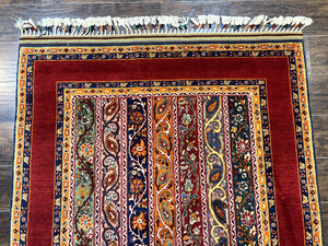 Turkish Rug 4x6, Stripe Pattern, Red & Multicolor, Vintage Handmade Wool Carpet