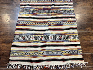 South American Kilim Rug 4x7 ft, Wool Handmade Vintage Carpet, Ivory Black Multicolor Stripes, Bohemian Blanket Rug, Flatweave Area Rug