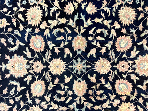 Indo Persian Rug 9x12, Navy Blue and Ivory/Cream, Floral Allover, Wool Vintage Handmade Carpet