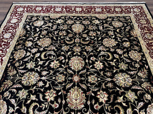 Indo Persian Rug 8x10, Black and Maroon Floral Allover Wool and Silk Oriental Carpet 8 x 10 ft, Hand Knotted Traditional Vintage Room Sized