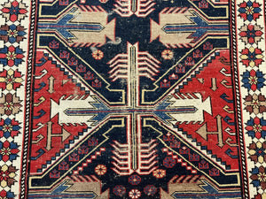Antique Shirvan Caucasian Rug 3x5, Geometric Pattern, Red Navy Blue Beige