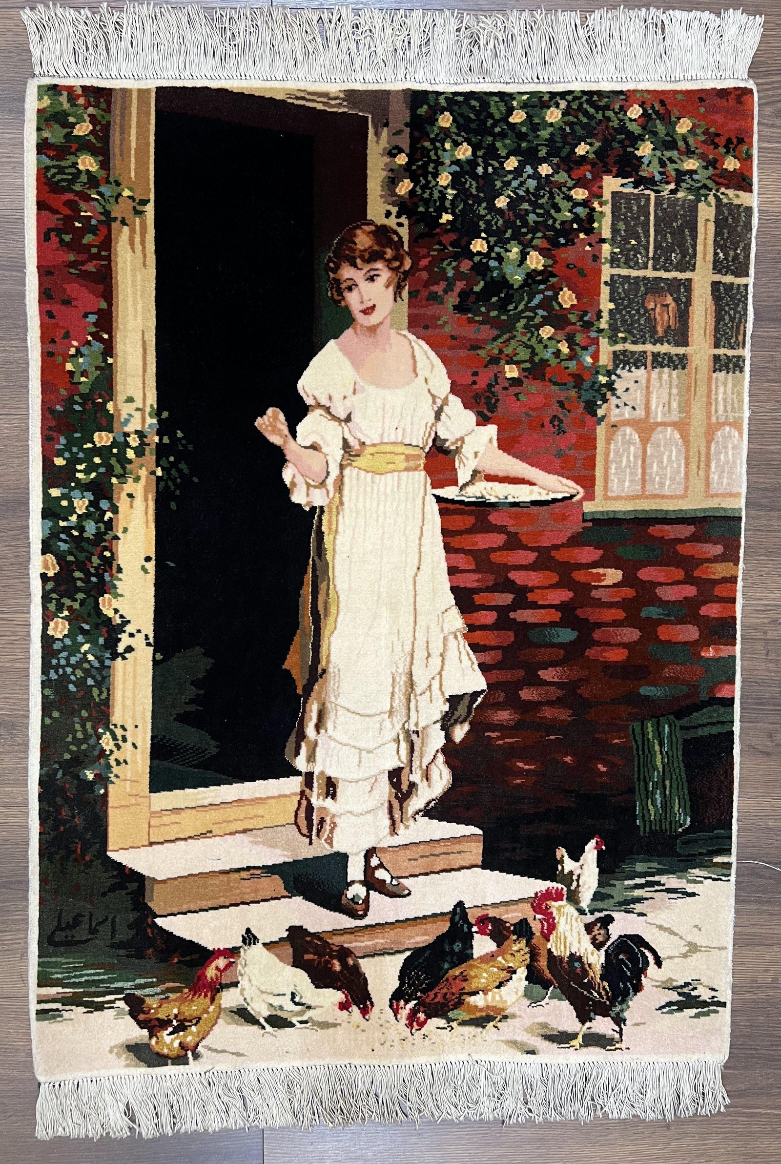 Persian Tabriz Pictorial Rug 2x3, Fine High KPSI Pictorial Carpet, Lady in Front of Home with Chickens 2 x 3 ft Oriental Rug Vintage Handmade Wool