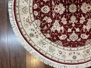 Sino Persian Round Rug 4x4, Wool Hand Knotted Oriental Carpet, Maroon & Ivory Vintage Rug, Floral Rug, Traditional Rug 4 x 4, Fine Rug