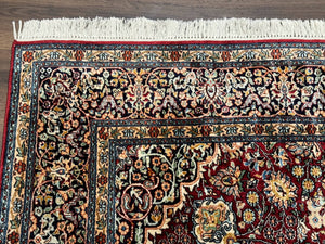 Indian Kashmiri Silk Rug 6x9, Red and Navy Blue, Floral Medallion, Fine 275 KPSI