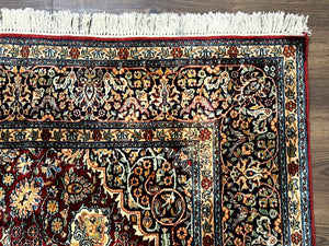Indian Kashmiri Silk Rug 6x9, Red and Navy Blue, Floral Medallion, Fine 275 KPSI