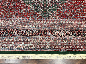 Indo Persian Rug 10x14, Bidjar Rug 10 x 14, Wool Hand Knotted Vintage Carpet, Red & Green Herati Pattern, Large Room Sized Oriental Rug