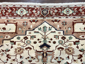 Indo Heriz Rug 9x12, Geometric Indo Persian Room Sized Decorative Area Rug 9 x 12 ft, Cream Navy Blue Pink Handmade Vintage Wool Carpet