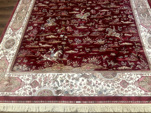 Turkish Silk Rug 8x10, Red & Ivory, Hunting Design, Bamboo Silk, New