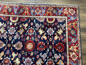 Persian Sarouk Mahal Rug 7x11, Navy Blue Multicolor Colorful Persian Carpet, Mina Khani Allover Pattern, Vintage Persian Rug