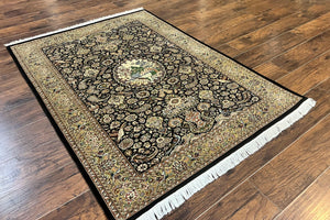 Pak Persian Rug 4x6, Wool Hand Knotted Vintage Carpet, Black & Olive Green, Bird Pictorials, Floral Fine Oriental Rug