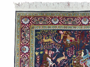 Indian Kashmiri Wool & Silk Rug 4x6 ft, Hunting Scene, Midnight Blue, Hand-Knotted, Archers, Swords, Horses, Vintage Antique Oriental Carpet
