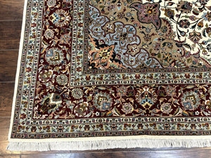 Persian Tabriz Rug 8x11, Floral Medallion Traditional Area Rug, Fine 300 KPSI, Ivory Maroon