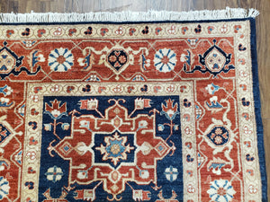 Vintage Turkish Area Rug 4x6, Wool Hand-Knotted, Red & Dark Blue Turkish Persian Pattern Oriental Carpet, 4 x 6 Decorative 1960s Foyer Rug