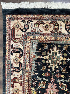 Indo Persian Mahal Rug 9x12, Dark Green and Cream Hand Knotted Wool Oriental Carpet, Floral Allover, Vintage Traditional Handmade Room Sized